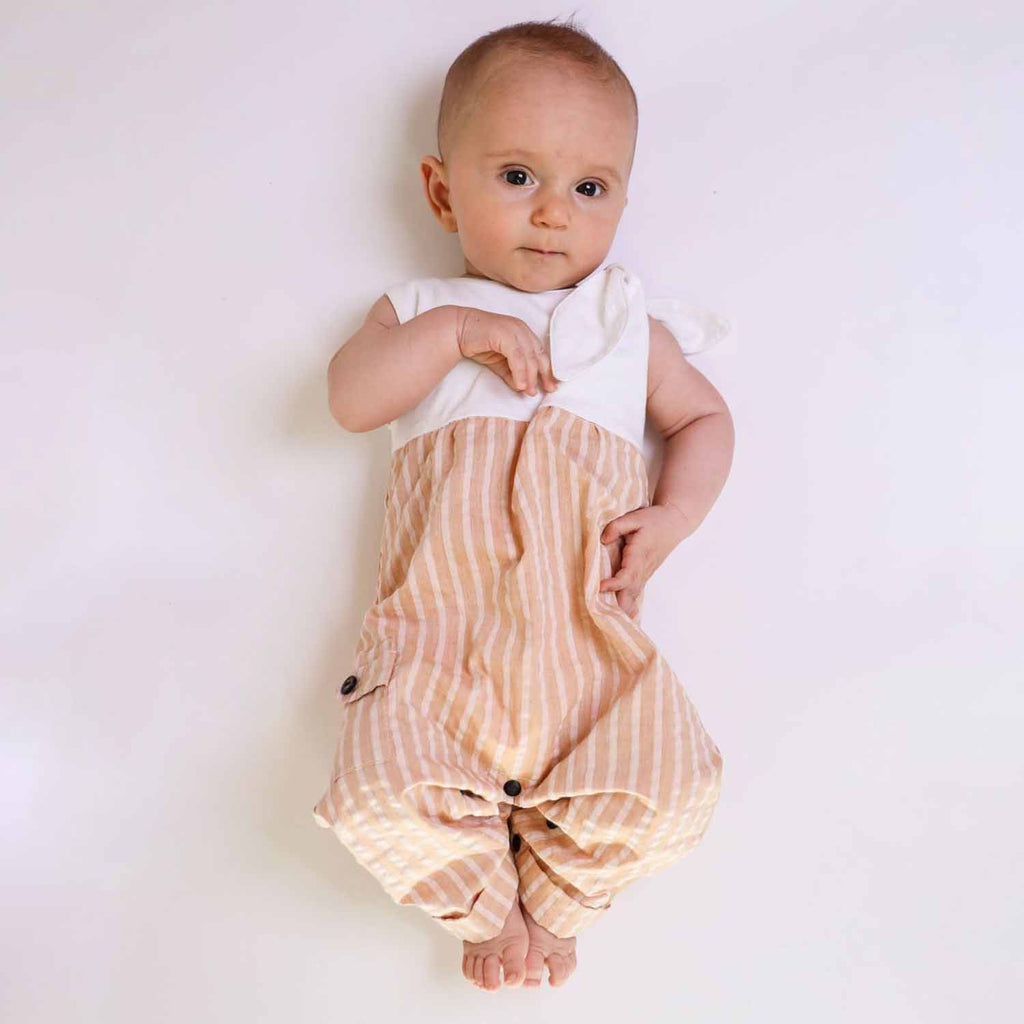 Peach Seersucker Baby Romper with Bow